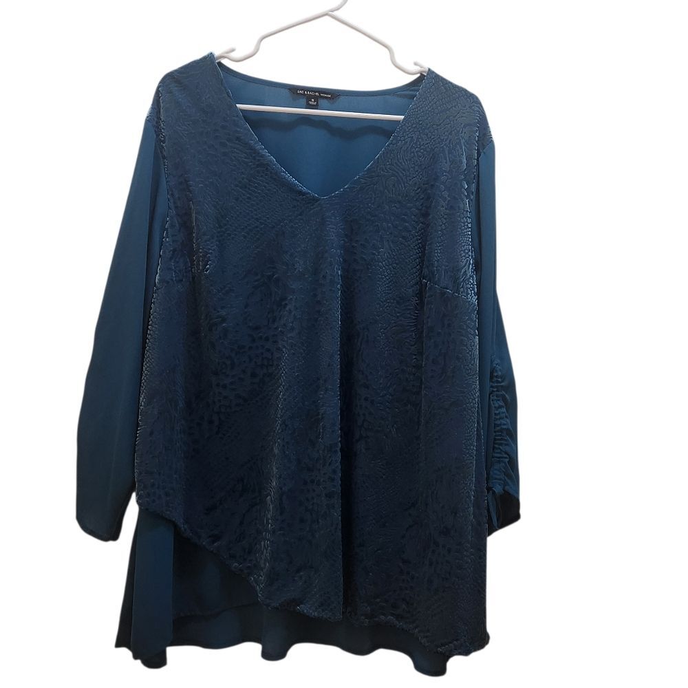 Zac & Rachel Woman 1X Teal Velvet Burnout Animal Print Tunic Blouse Plus Size